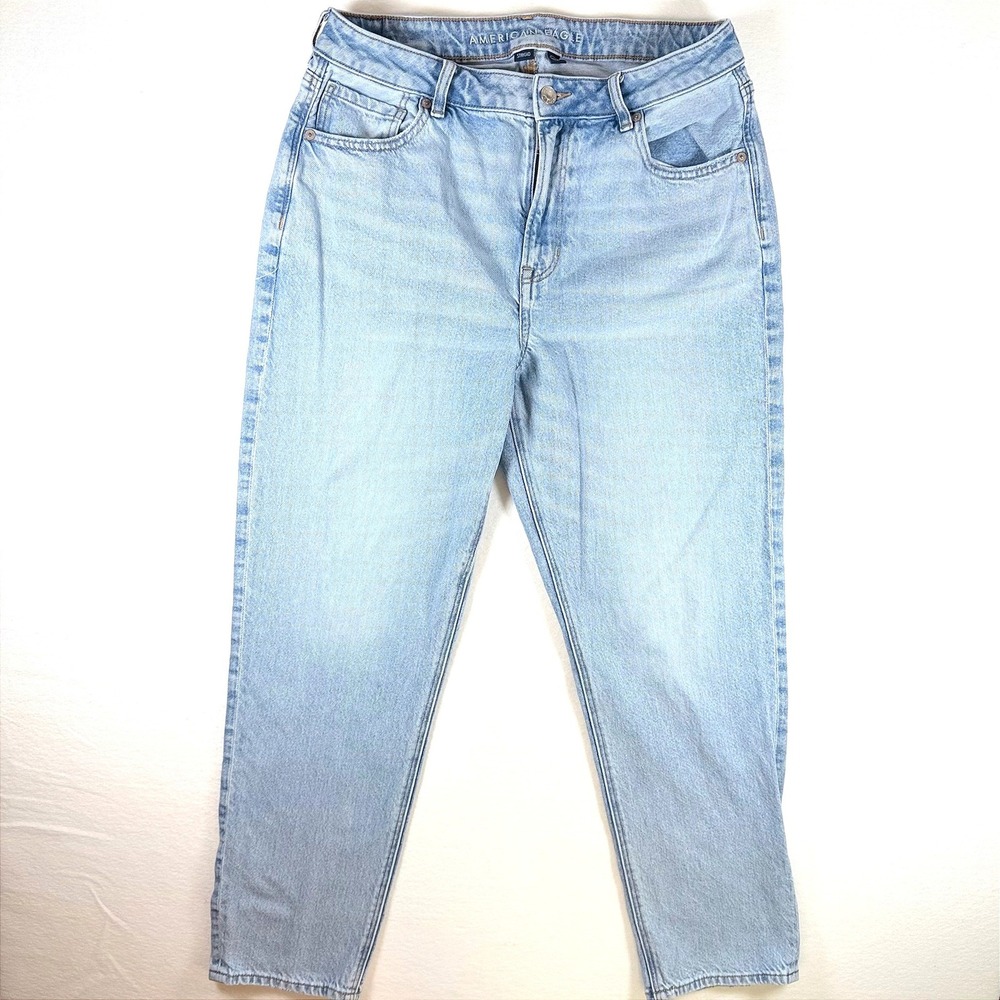 American Eagle Mom Jean Light Wash High Rise Strigid Denim Blue Size 12 Regular